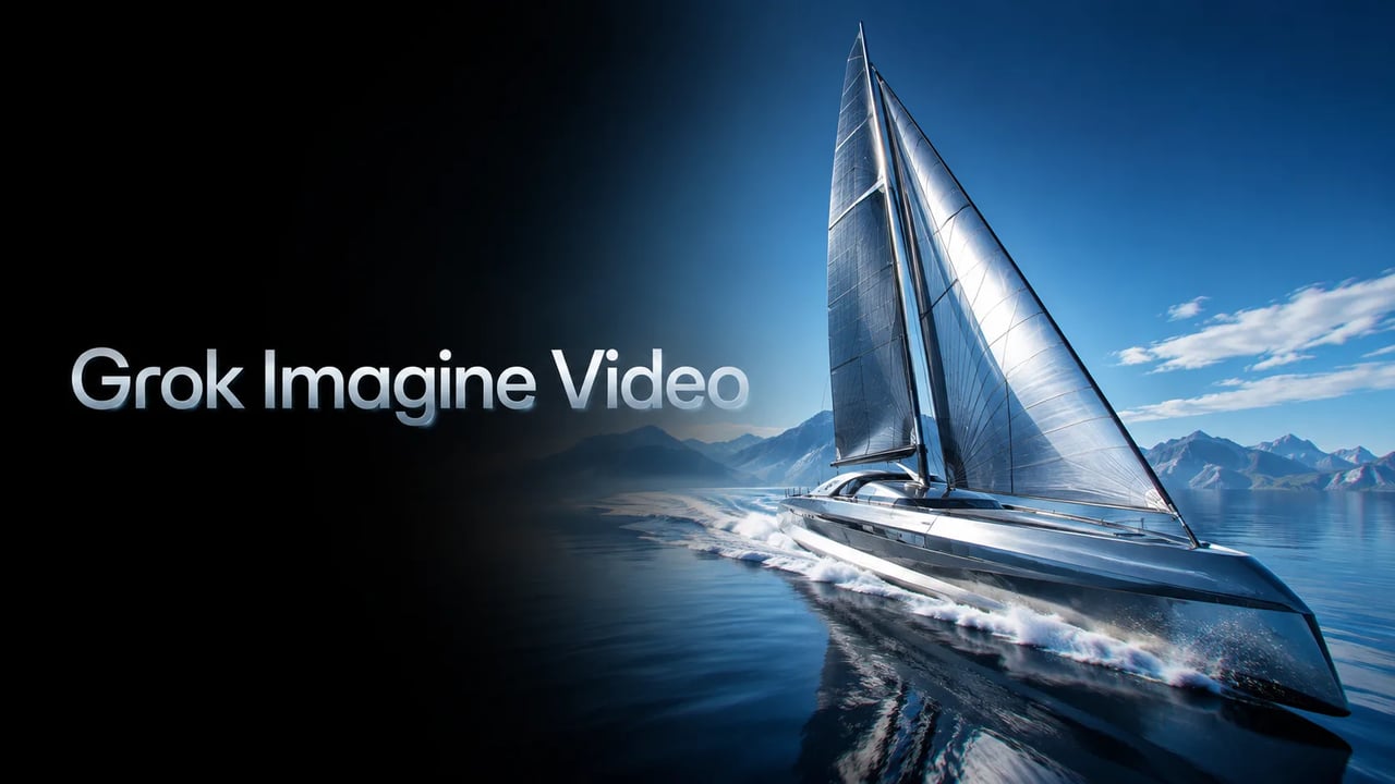Grok Imagine Video product hero — left soft type, right silver racing yacht on open water