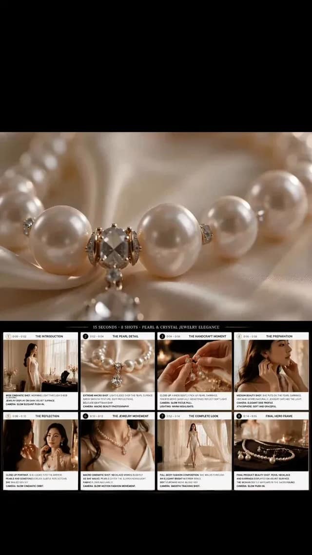 Create a professional cinematic jewelry advertisement storyboard board.
Aspect