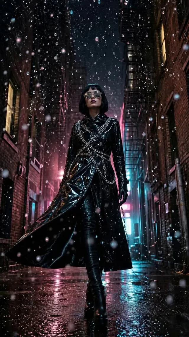 Scene & Mood: Surreal nighttime alley editorial with suspended rain and cold neo